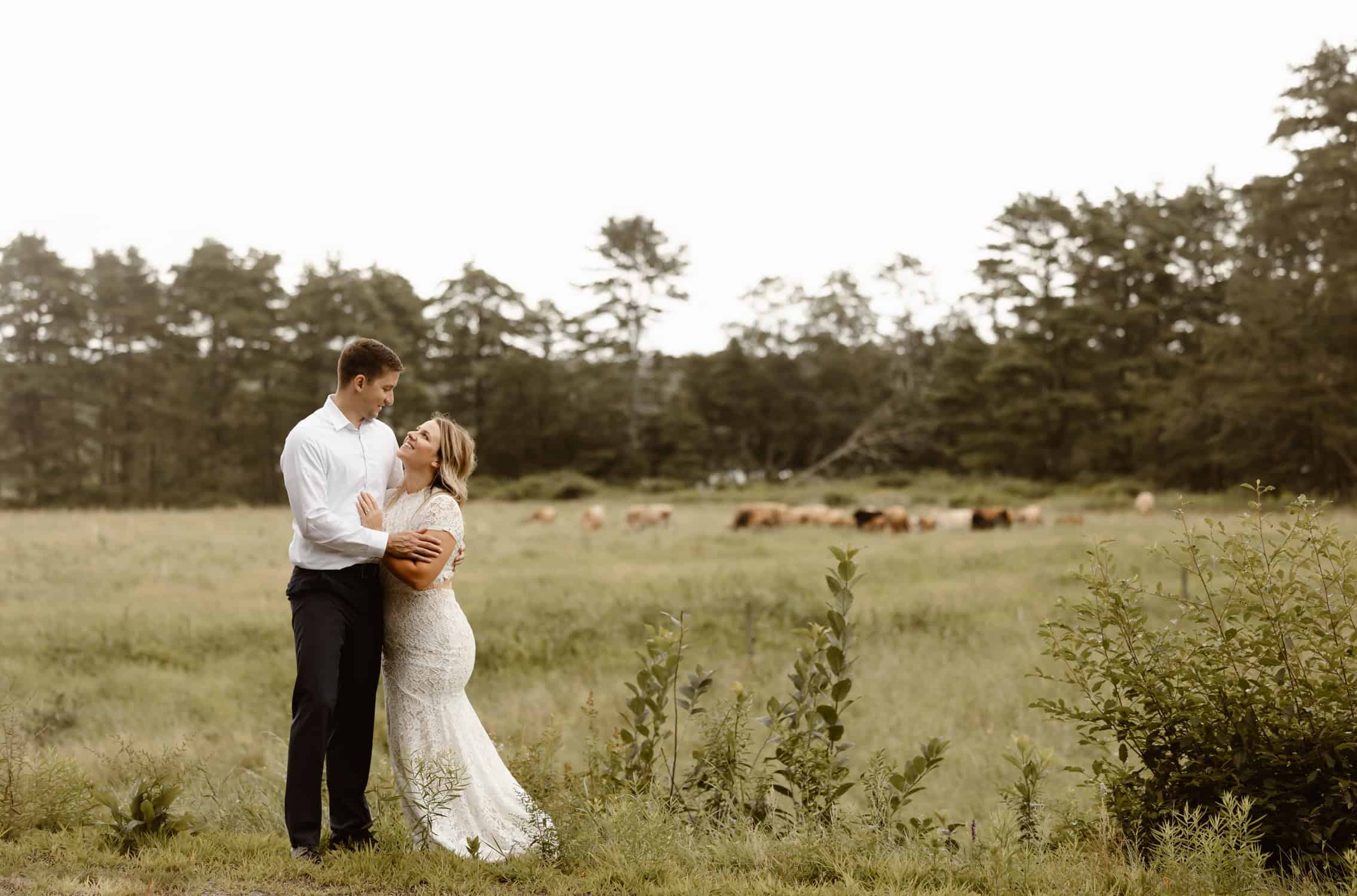 A couple standing in front of a field of cows, embracing each other after their elopement in Freeport.
