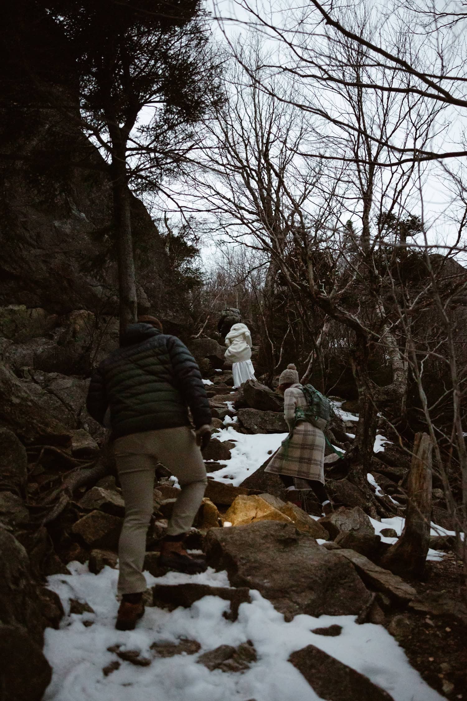 A bride and groom, and two family members, hiking to their elopement ceremony location at Artist's Bluff, where they'll rappel down.